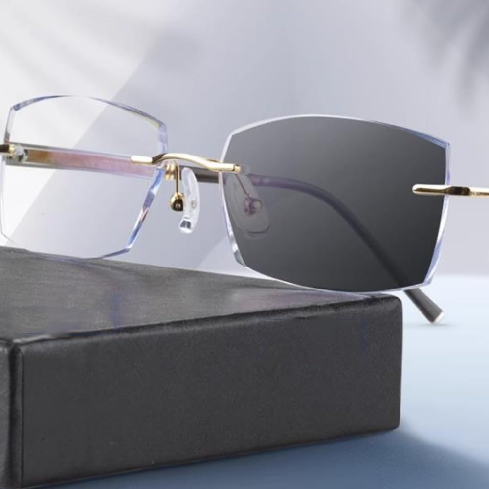 Gafas de lectura Fotocrómico,metal HD Gafas de computadora Rectangulares Gafas de lectura corte de diamante sin marco-Hombre