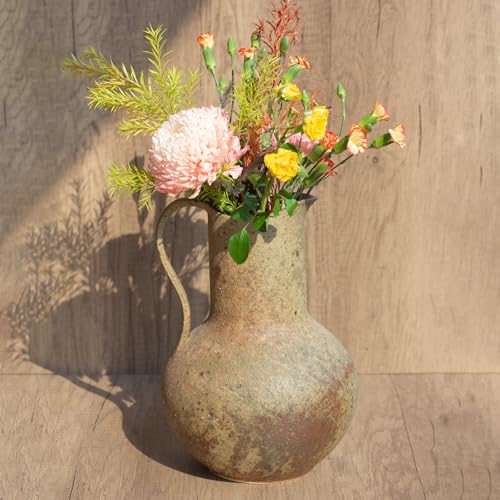 Brown Ceramic Rustic Farmhouse Vase Jug Pitcher with Handle, Distressed Antique Terracotta Pottery Flower Vase 14.2 Inch Handmade Large Floor Vintage Decorative for Home Living Room Decor