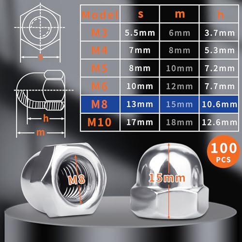 SWTYExt 100 Pcs Nut Caps M8 Dome Cap Nuts A2 V2A Metric 304 Stainless Steel Acorn Dome DIN 1587 Thread Hex for Motorcycle Bicycles Furniture Lighting Saddle - Image 2