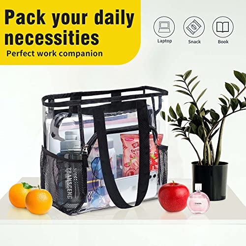 Vorspack Clear Tote Bag - Large Clear Bag Stadium Approved 12X12X6 Clear Tote For Concerts Sporting Events Clear Lunch Bag For Work With 2 Water Pockets Clear Beach Bag For Women - Black #TOP4
