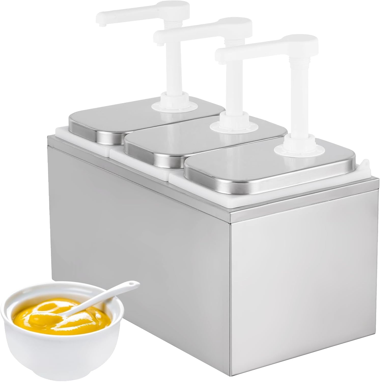 6L Sauce Dispenser Pump Stainless Steel Condiment Pump Station Condiment Pump Dispenser with 3 of 2.1 Quart Jars