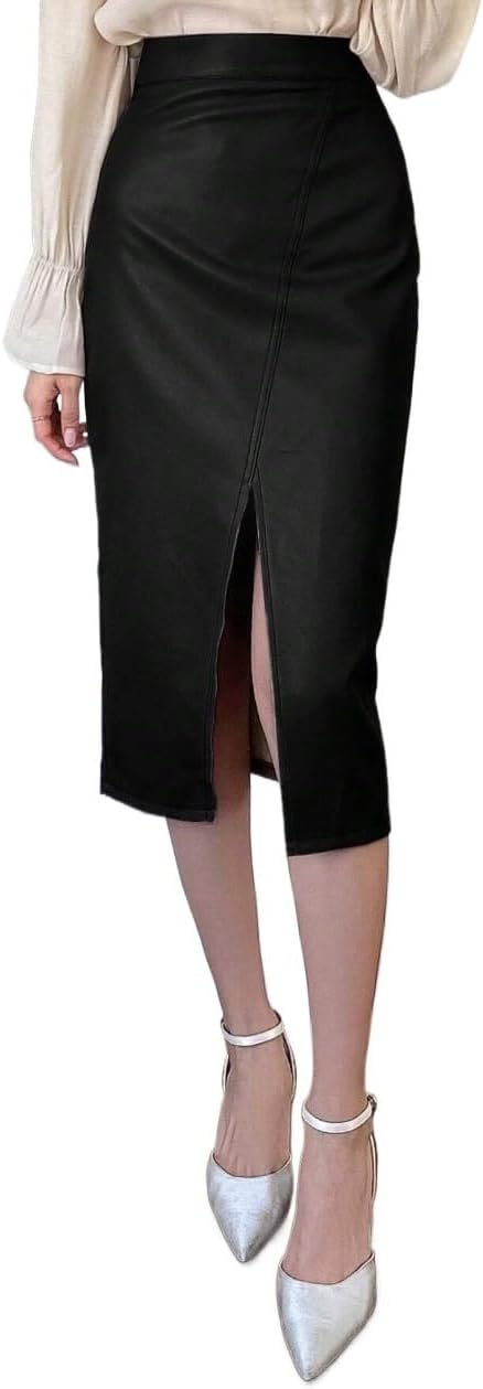 High Waisted Zipper Slit Thigh Midi Skirt for Women - Elegant PU Leather Skort for Night Out, Office, Casual Occasions