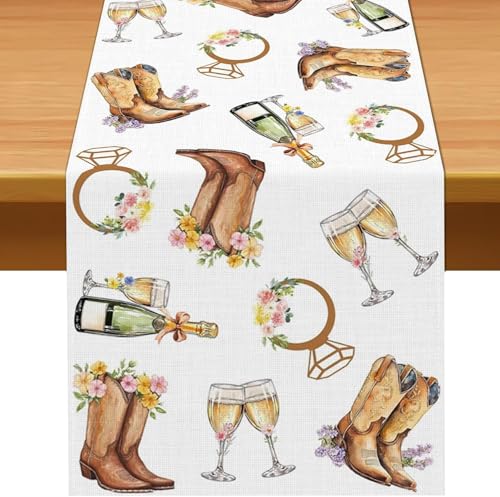 Pudodo Boots and Bubbly Bridal Shower Table Runner Champagne Themed Cowgirl Western Bachelorette Kitchen Dining Room Home Decor (13" x 108")