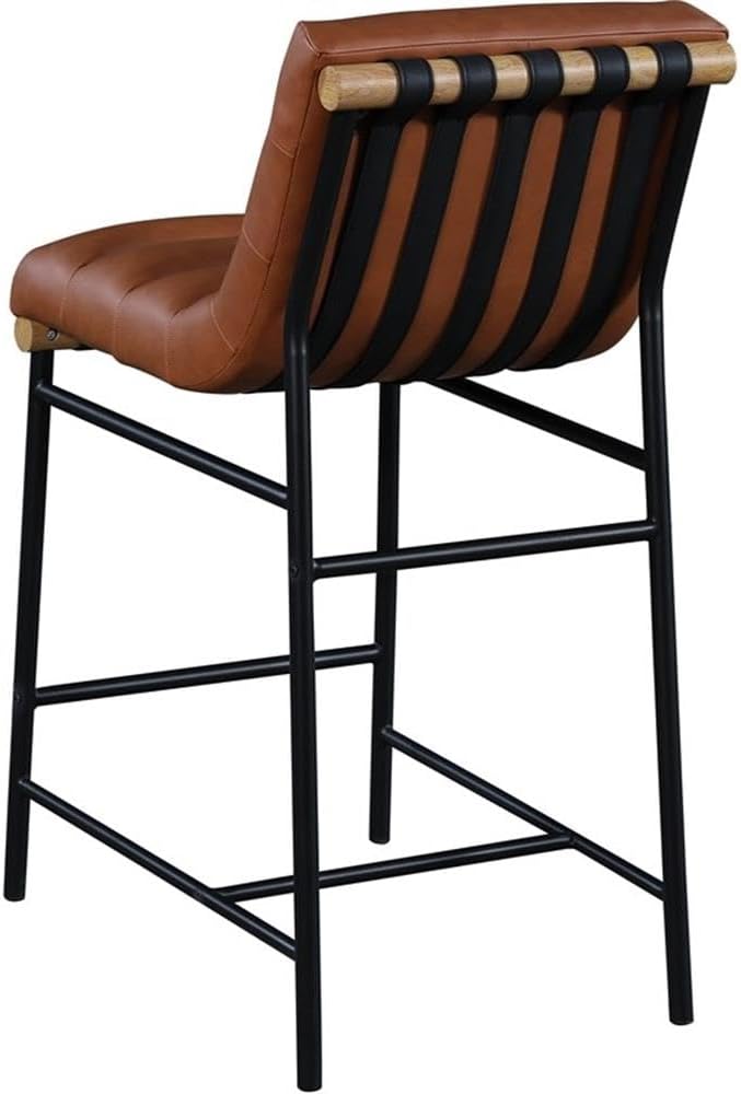 Pemberly Row Contemporary Cognac Vegan Leather Counter Stool, 18" W x 24" D x 37.5" H, Matte Black Metal Frame, White Oak Veneer Dowel, Soft Vegan Leather, Modern Bar Stool for Kitchen or Home