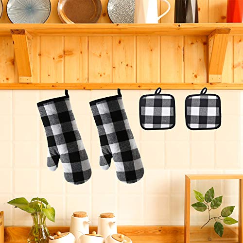 Win Change Oven Mitts and Pot Holders-Oven Mitts and Potholders Soft Cotton Plaid Design Lining Non Slip Oven Mitt Set for Kitchen Cooking Baking Grilling(4-Piece Set,Black/White) - Thumbnail 6