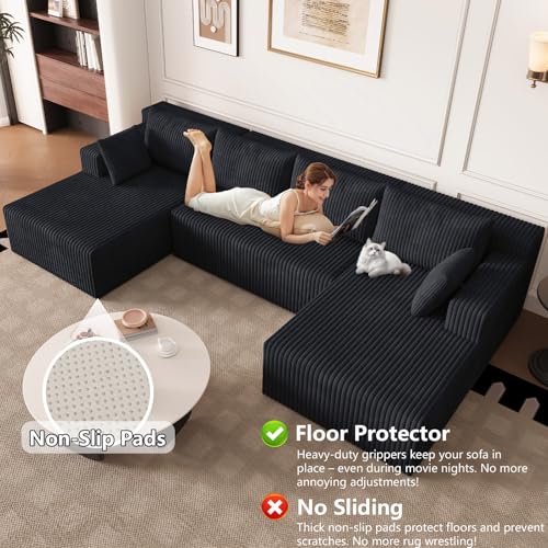 Image of 124 inch Modular Sectional Sleeper Sofa, Boneless Cloud Couch for Living Room, U Shaped 3 Seat Sofa with Deep Seat, Free Combination, Couch in a Box, No Assembly Required (Black)