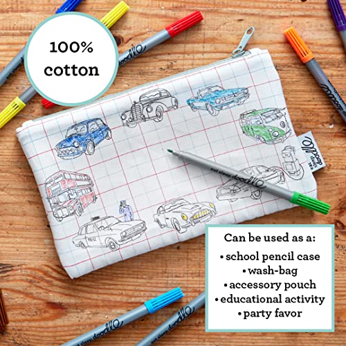 Image of eatsleepdoodle DIY Coloring Cars & Tracktors Pencil Case for Kids with 10pcs Washable Markers, Reusable Art Supply Organizer, Fun Arts & Crafts Activity for Boys & Girls, Creative Gift Idea for Ages