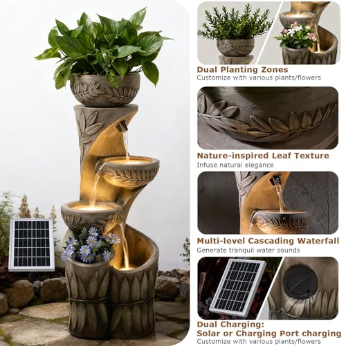 Image of 4 Tiered Solar Water Fountain Outdoor Garden Waterfall Fountains | 35.6 inch Tall Cascading Bowl Leaf Carved Outdoor Modern Water Feature with Dual Planters for Patio, Deck, Yard