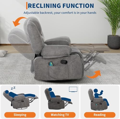 Image of Oversized Manual Swivel Recliner Chair for Adults, 360 Swivel Rocker Glider with Vibration Massage & Heat, Extra Wide Chenille Fabric Lazy Chair for Living Room Bedroom, Dark Gray Chenille