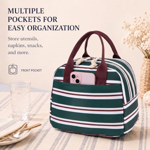 Image of LOVELYWIND Lunch Box for Women, Insulated Lunch Bag, Green Striped Tote