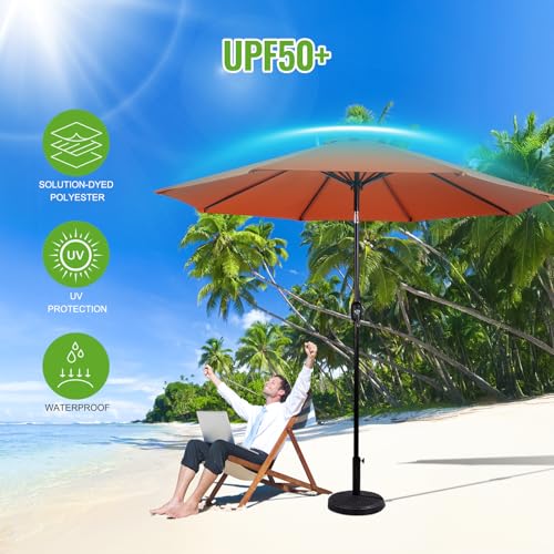 Backyard Expressions 9 Ft Patio Umbrella with Push Button Tilt and Crank System - UV Resistant Polyester Fabric, Market Umbrella with 8 Sturdy Ribs - Orange