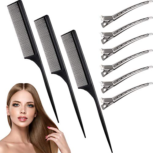 3 Pieces Styling Comb, Fiber Teasing Comb Carbon Rat Tail Comb Anti-Static Heat Resistant Hairdressing Comb with 6 Metal Alligator Curl Clips for Back Combing, Root Teasing, Adding Volume