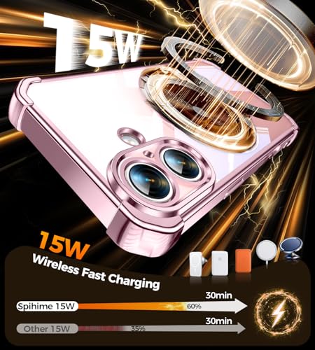 Image of Soft Case for iPhone 16 with 360 Rotating Magnetic Stand, Compatible with Mag-Safe, 4X MIL-Drop Protection, Lightweight Glossy Anti-Yellowing Clear Back Phone Cover for iPhone 16, Pink