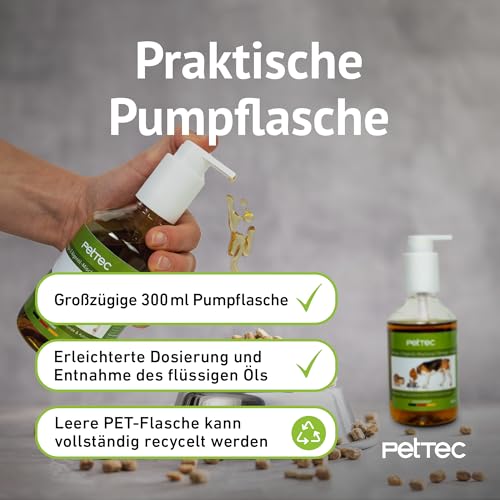PetTec® Algenöl Hund & Katze [Omega-3 ALGENÖL VEGAN] - Omega 3 für Katzen und Hunde - Fellpflege Katze Vitamine - Mittel gegen Schuppen bei Katzen - Katzenpflege und Hundepflege (300ml Pumpflasche)
