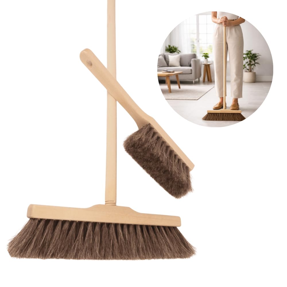 Kehrset mit Besen 120 cm Stiel Handfeger Natur Rosshaar Bodenkehrer Set Haushalt