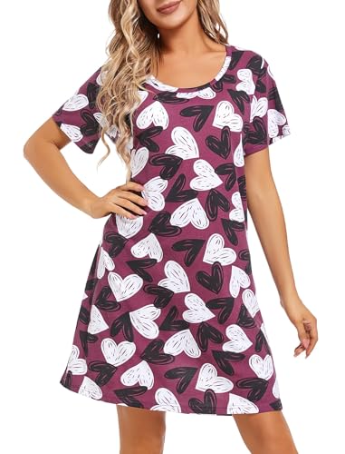 Image of ENJOYNIGHT Womens Cotton Nightgown Short Sleeve Sleepshirt Print Nightshirt | Short-Sleeve Crew Neck, Soft Cotton Fabric, Cartoon Printed Sleep Shirt, Loose Fit