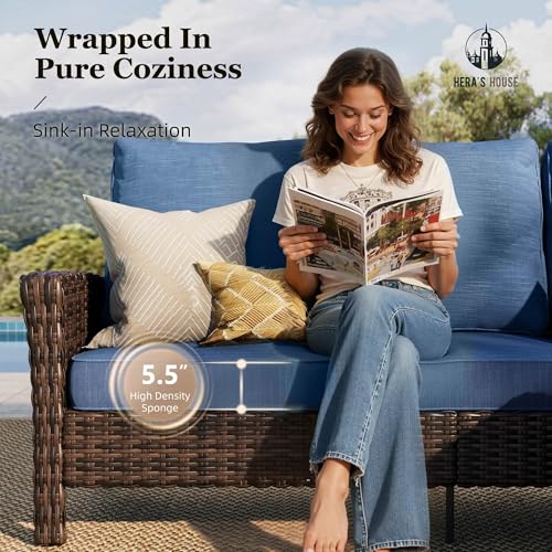 Image of HERA'S HOUSE Patio Furniture Set, 5 Pieces Outdoor Seating Set, 35 inch High Back Swivel Chairs with 5.5 inch Thick Cushions, Brown Wicker Conversation Set with Ottomans for Deck Lawn Yard, Peacock Blue