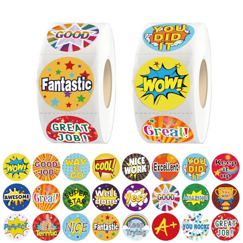 1200 Pieces Reward Stickers for Teachers, Teacher Incentive Stickers Encouraging Sticker in 24 Design Styles- Perforated Line/ 2 Rolls