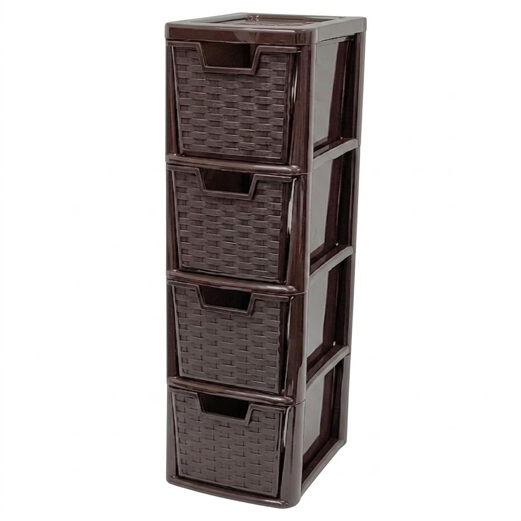 ORYNTO Medium Rattan Effect Plastic Storage Drawers Tower Spacious Plastic Drawers Organizer Unit for Home Office Bedroom Durable Stylish Multi Purpose Storage Drawers(4 Tier Rattan Chocolate Brown)