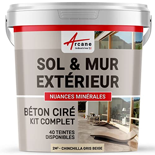 béton ciré extérieur, pour sol, mur, terrasse, escalier, enduit décoratif minéral, en kit - 2 m² (en 2 couches) Chinchilla Gris Beige - ARCANE INDUSTRIES
