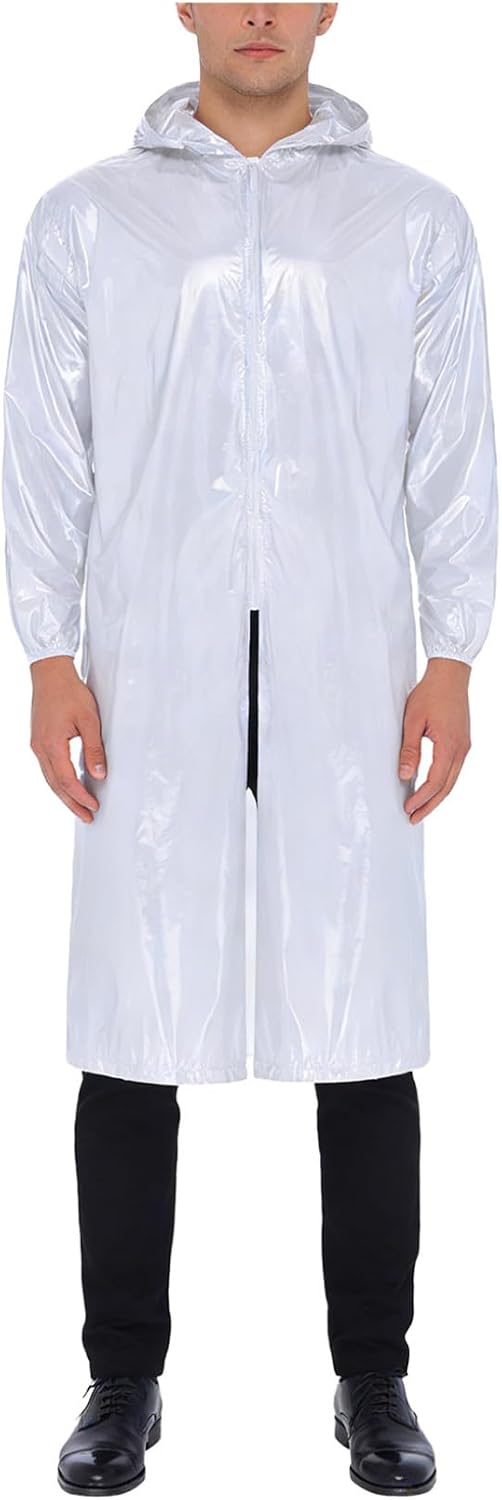 Freebily Long Coat for Men Travel Rain Jacket Lightweight Zipper Front Long Sleeve Hooded Raincoats
