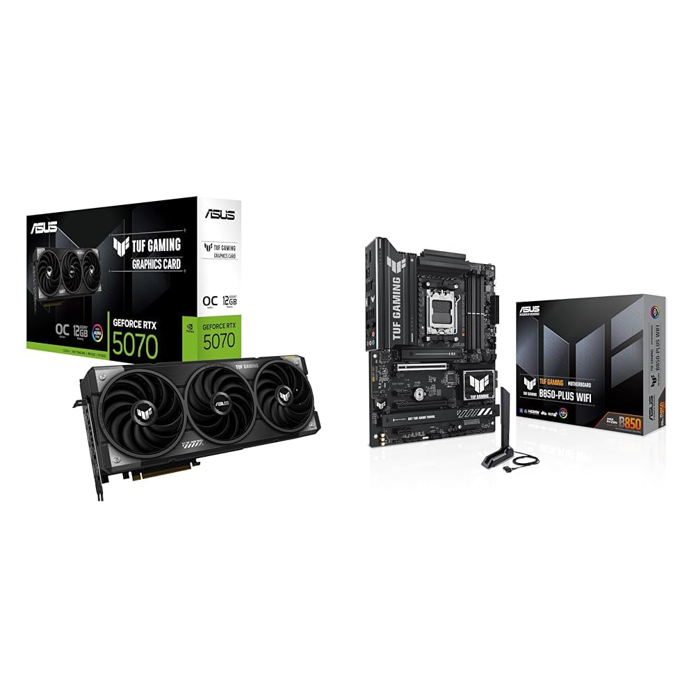 Bundle of ASUS TUF Gaming GeForce RTX 5070 12GB GDDR7 OC Edition Gaming Graphics Card + ASUS TUF Gaming B850-PLUS WiFi AMD AM5 B850 ATX Motherboard, 14+2+1 80A Stages, DDR5, PCIe 5.0, 3X M.2, Wi-Fi 7