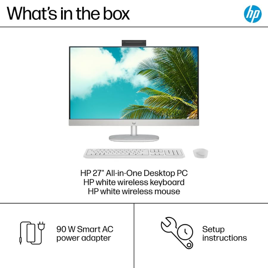 Image of Customized Desktop Computer, Created Using HP 27 inch FHD All-in-One Desktop Computer, Intel 12-Core Ultra 7 155U Processor, 8GB /16GB /32GB /64GB RAM, 256GB /512GB /1TB /2TB SSD, Windows 11, White