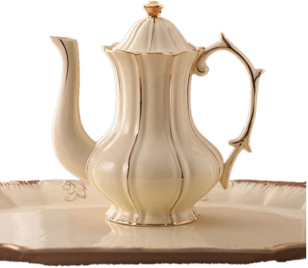 Tea Coffee Cup Set 8 Pieces Gold Trim Glazed Porcelain Coffee and Tea Service Set with 6 Piece Cups and Teapot Tray (