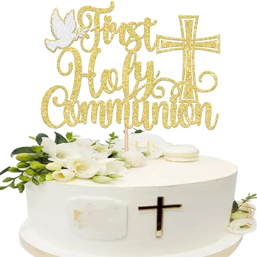 1 Pack First Holy Communion Cake Topper Glitter Peace Pigeon Cross Religious Cake Picks God Bless Baptism Cake Decorations for Baptism Theme Baby Shower 1st Birthday Party Decoration Supplies Gold
