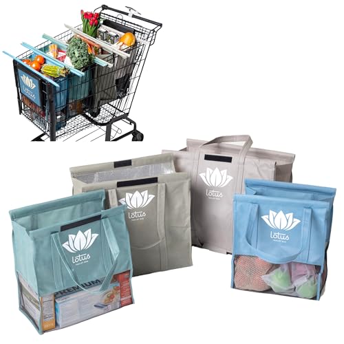 Lotus Trolley Bags -set of 4 -w/LRG COOLER Bag & Egg/Wine holder! Reusable Grocery Cart Bags sized for USA. Washable Eco-friendly 4-Bag Grocery Tote. (Earth Tones)