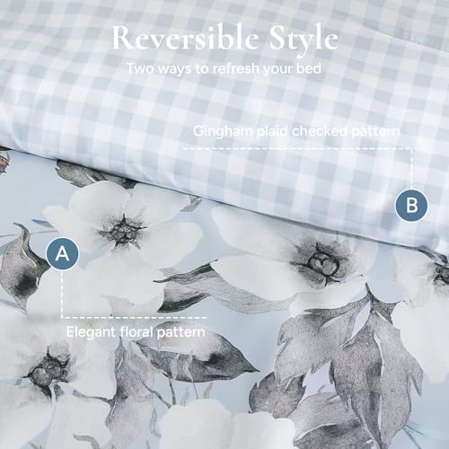 Image of Andency Queen Size 7 Piece Reversible Bed in a Bag - Botanical Floral & Gingham Comforter Set, Farmhouse Vintage Rustic Comforter,Light Blue