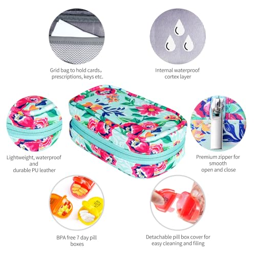 Image of Serfeymi Weekly Travel Pill Organizer 2 Times A Day AM PM Upgraded Rainbow Pill Box 7 Day with Portable Zipper PU Leather Pill Case, Medicine Organizer for Pills, Vitamins, Fish Oils - Green-01