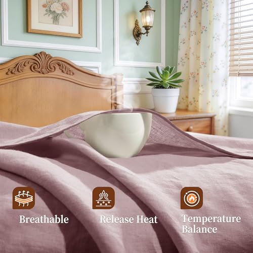 Image of 100% Pure Linen Sheet Set for Hot Sleepers, Breathable Natural Linen Sheets 4pcs, Bedding Set Deep Pocket Up to 16 inch Moisture-Wicking, Softens with Every Wash (Embroidery Purple Queen)