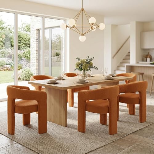 Image of HNY Modern Barrel Kitchen & Dining Room Chairs Set of 6, Sherpa Upholstered Accent Chairs with Arm, 18.5'' Wide Side Armchairs Vanity Chairs for Living Room Bedroom Makeup Small Spaces, Orange