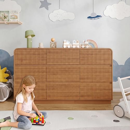 Image of BORNOON Dresser for Bedroom with 9 Drawers, Fluted Chest of Drawers with Round Curved Corner, Hidden Handles, Modern Wood Storage Organizer for Bedroom, Nursery, Living Room