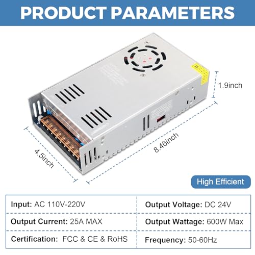 Image of 24V 25A Power Supply 600W AC 110-220V to DC 24V for LED Strip Light | Comes With Built-in Cooling Fan, Low Voltage Transformer, AC /DC Adapter, For Audio /Video Power Supply and Other 24V Devices
