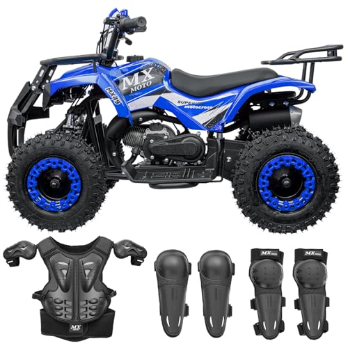 4 Wheeler Gas Powered 49cc 2-Stroke Youth ATV - All-Terrain Kids ATV w/Suspension, Disc Brakes, Kill Switch, Protective Bumper & Armor, 16 MPH Max Speed, Blue