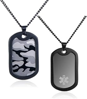 ZKXXJ Custom Medical Military ID Tag Necklace for Men Women,Stainless Steel Camo Medical Identification Necklace Sos Emergency Info Customized Army Dog Tag Pendant with Silicone Silencer