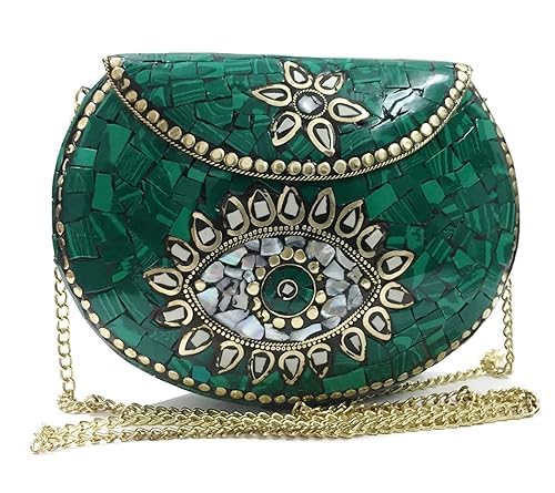 shakuntla vintage Turquoise stone mosaic metal bag antique ethnic bridal clutch Indian purse party clutch women bag-picture-16