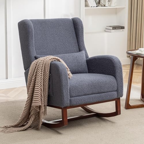 Image of HCHAIRH Rocking Chair with Foot Rest,Teddy Nursery Rocking Chairs, Wingback Nursing Glider Rocker Chair with Pillow and High Back for Nursery, Living Room, Bedroom, Dark Grey
