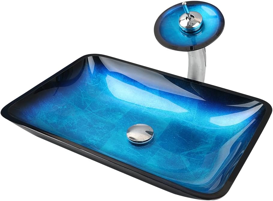 22" Blue Bathroom Vessel Sink,Rectangle Tempered Glass Washing Sink Bowl with Faucet And Drain, Artistic Bowl Sinks for Bathroom