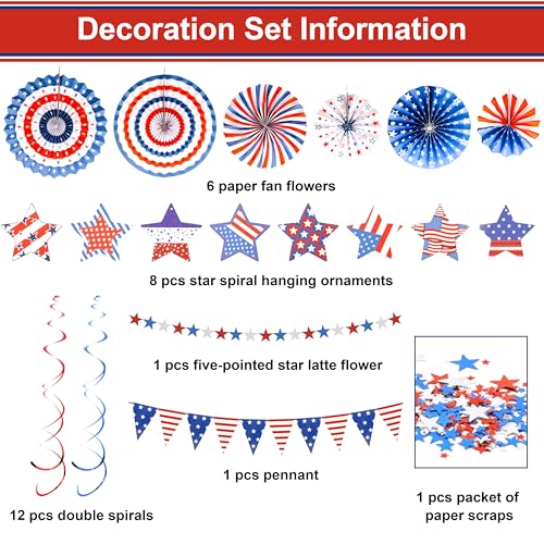 Image of 4th of July Decorations Set Red White and Blue Decorations Including Paper Fans, Star Streamer, Pom Poms Party Hanging Swirls for Memorial Day, Independence Day, Labor Day
