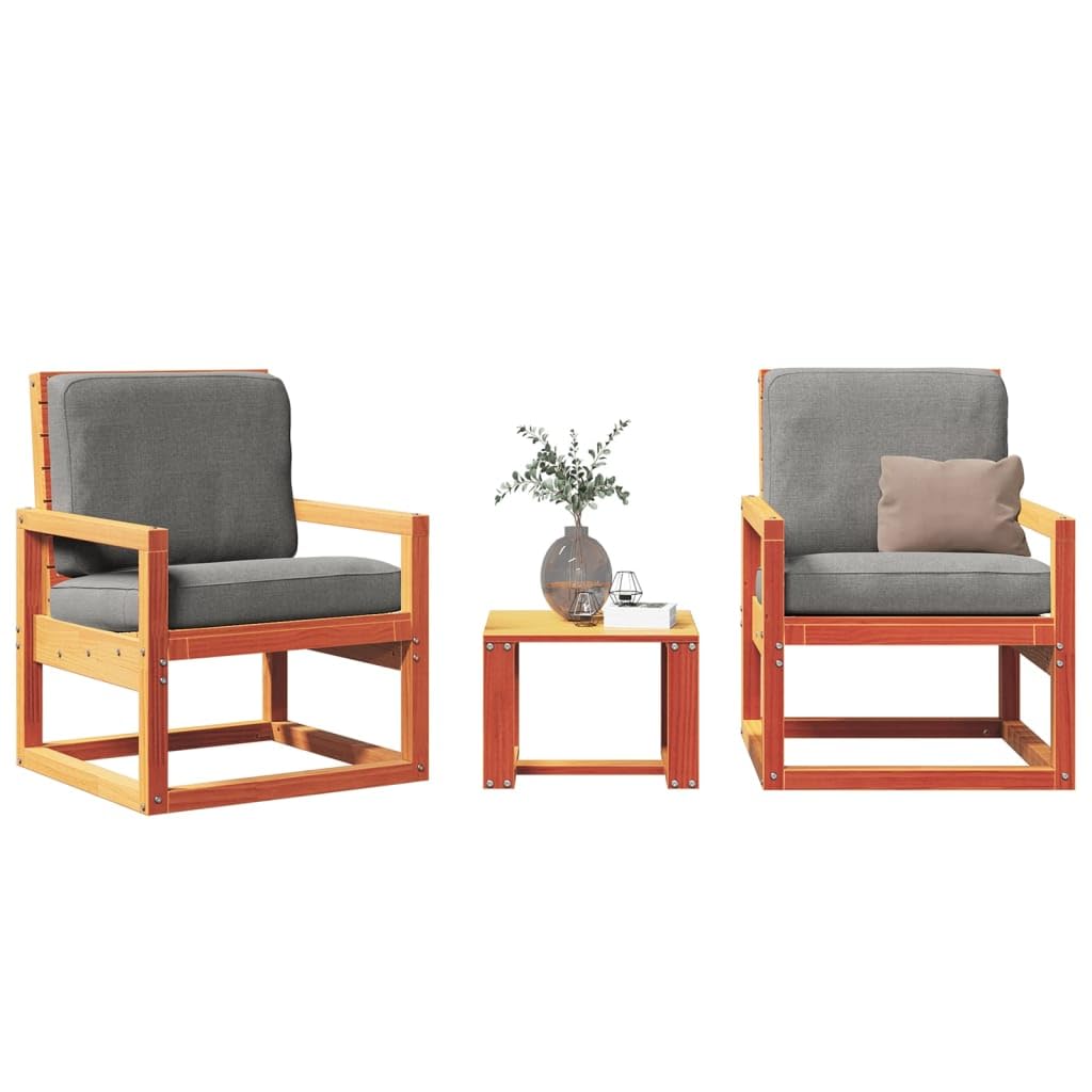 Juego de muebles de jardín de madera maciza de pino, 3 piezas, color marrón cera, para terraza, balcón, jardín, patio, muebles con mesa