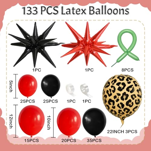 Image of Red Black Balloons Garland Arch Kit, 133pcs Green Cherry Black Red Explosion Star Foil Balloons, 4D Cheetah Print Mylar Balloons for Berry Themed Birthday Baby Shower Bachelorette Party Decorations