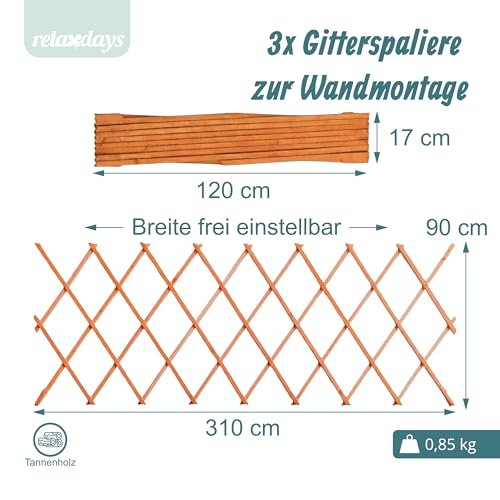 Relaxdays Rankgitter ausziehbar, 3er Set, 310x90 cm, Holz, Wandmontage, Rankhilfe Kletterpflanzen, Holzgitter, orange