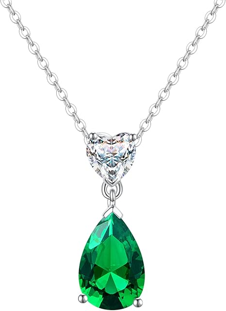 CACESTONE 925 Sterling Silver Teardrop Pendant Necklace for Women,Created Garnet/ Aquamarine/ Emerald/ Ruby/ Sapphire 8*12mm 3.6ct,Birthday Anniversary Christmas Birthstone Gifts for Girls,45cm