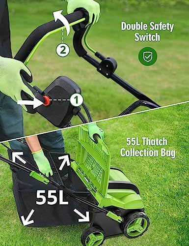 Electric Dethatcher Scarifier, 16-Inch 15 Amp Lawn Dethatcher (2025 Upgraded) with 5-Position Depth Adjustment, 14.5 Gal Removable Thatch Collection Bag, Quick-Fold, Keeps Lawn Health