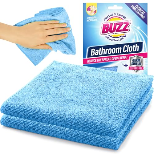 Buzz 2pk Bathroom Cloth with Germ Shield, 30cm x 30cm Bathroom Cleaning Cloth Streak-Free Microfibre, Super Absorbent, Reusable & Durable for Bath, Sink, & Shower Cleaning, Washable & Quick Drying