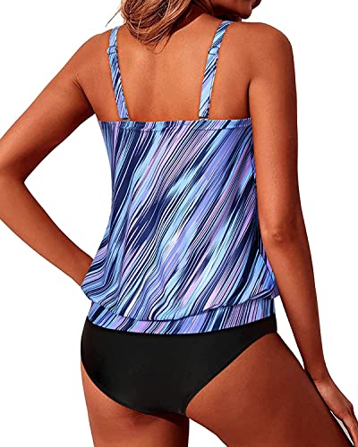 Image of Yonique Women Vintage Chevron 2 Piece Ruched Padded Tankini Set Flyaway Top With Triangle Brief Bottom Bathing Suit