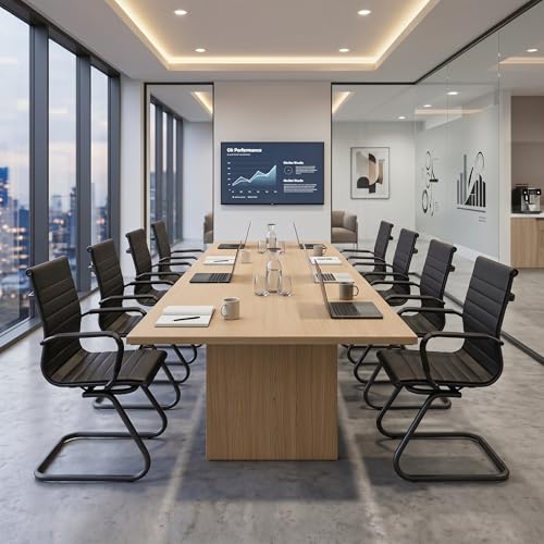 Image of HNY Leather Office Guest Chairs & Reception Chairs Set of 8, Modern Waiting Room Chairs with Arms, Desk Chair no Wheels with Sled Base for Waiting Room /Conference Room, Retro Black
